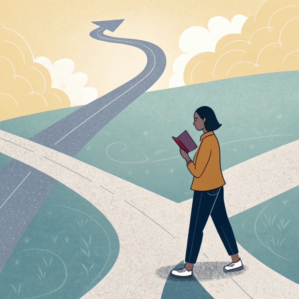 Иллюстрация: женщина с книгой идёт по тропе, которая раздваивается; стрелка указывает вперёд