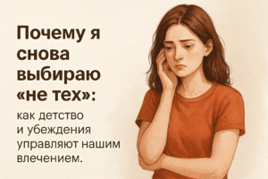 Иллюстрация: уставшая женщина и надпись «Почему я снова выбираю „не тех“»