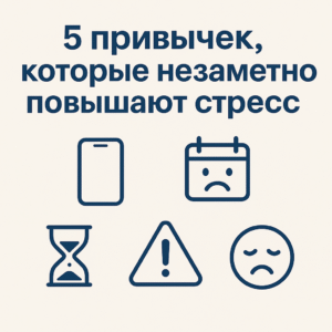 Обложка: «5 привычек, которые незаметно повышают стресс» — иконки телефона, календаря, песочных часов и тревоги