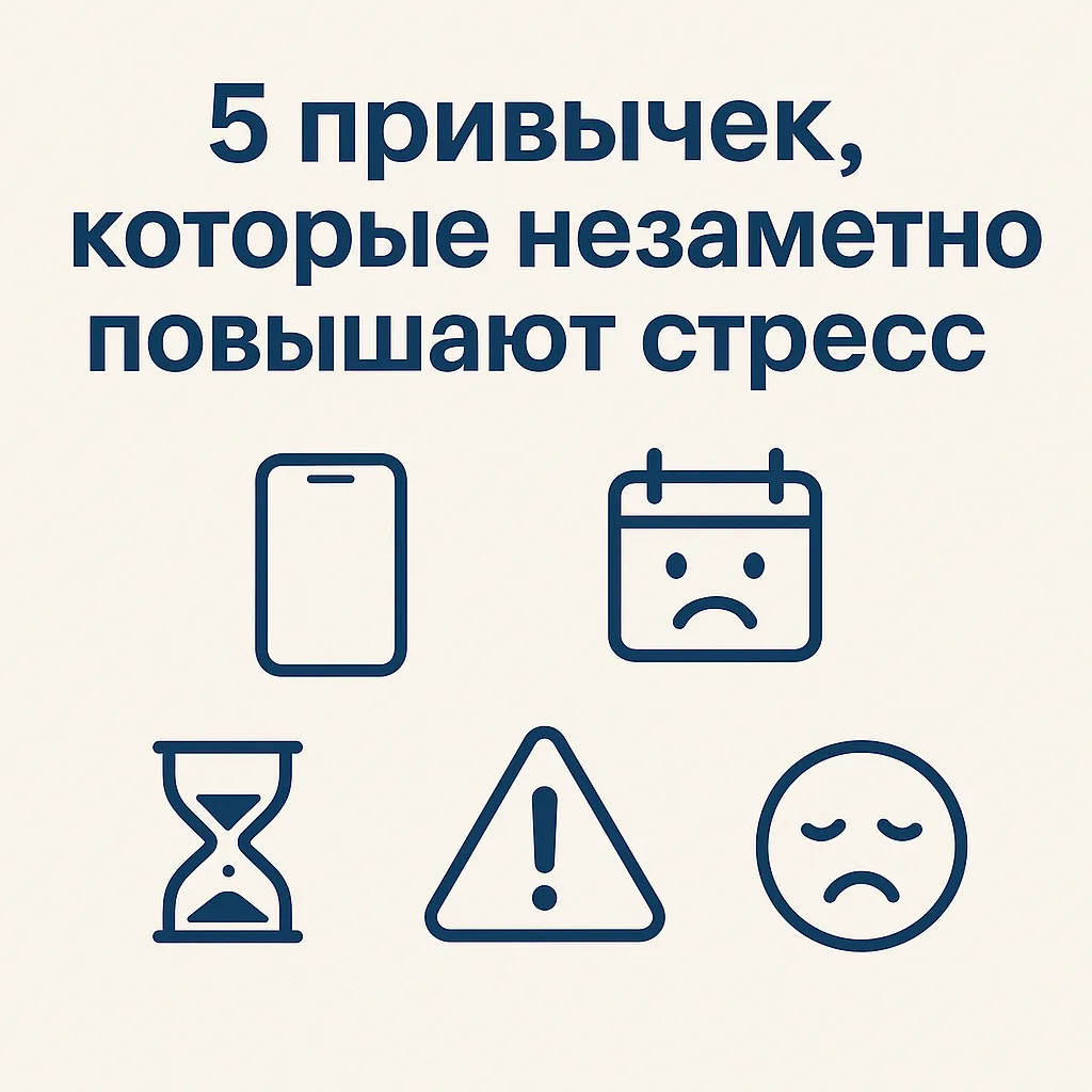 Обложка: «5 привычек, которые незаметно повышают стресс» — иконки телефона, календаря, песочных часов и тревоги