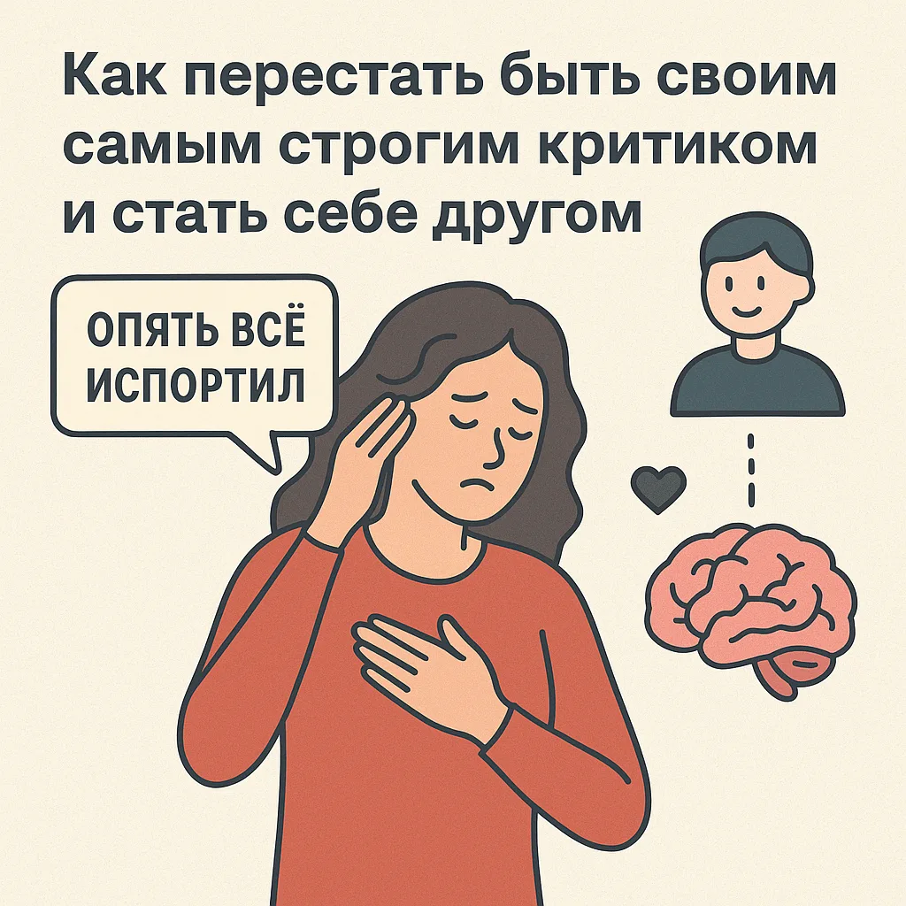 Обложка: «Как перестать быть своим самым строгим критиком и стать себе другом» — женщина и реплика «Опять всё испортил»