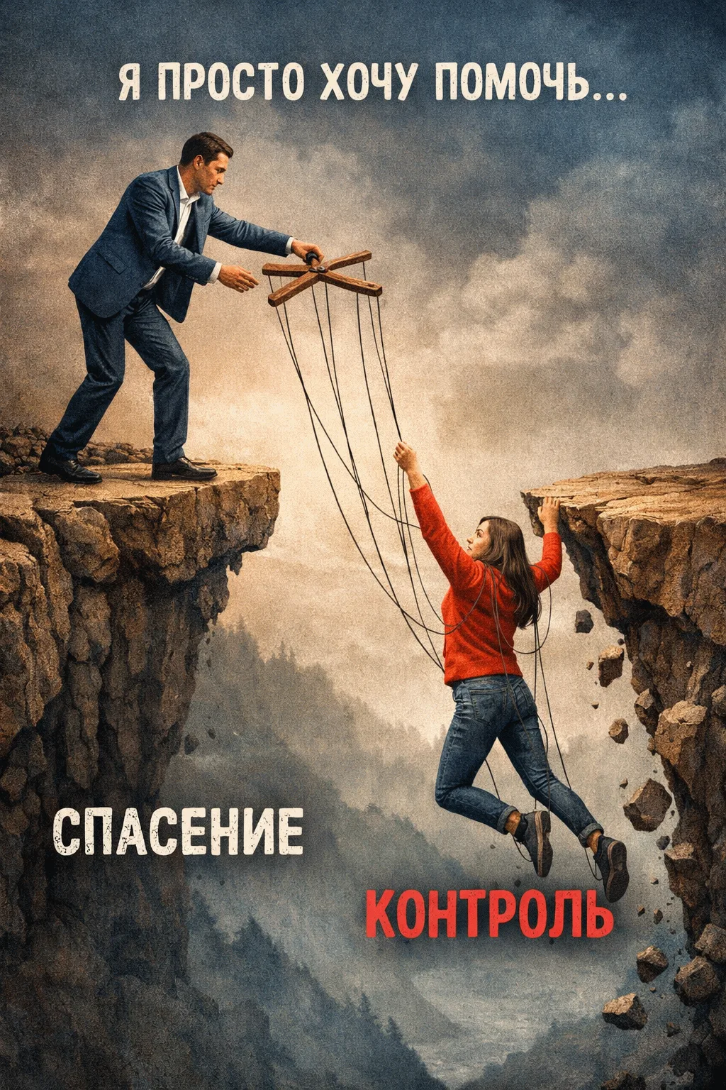 Мужчина в костюме держит на нитях-марионетках женщину над пропастью; надписи «я просто хочу помочь», «спасение», «контроль»