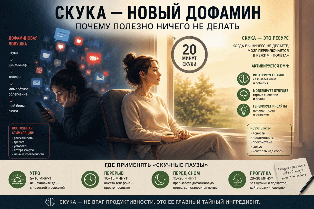 Инфографика «Скука — новый дофамин»: женщины с телефоном и у окна, 20 минут скуки, режим DMN и скучные паузы в течение дня