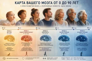 Инфографика «Карта вашего мозга от 0 до 90 лет»: пять эпох развития с портретами людей разного возраста и схемами мозга