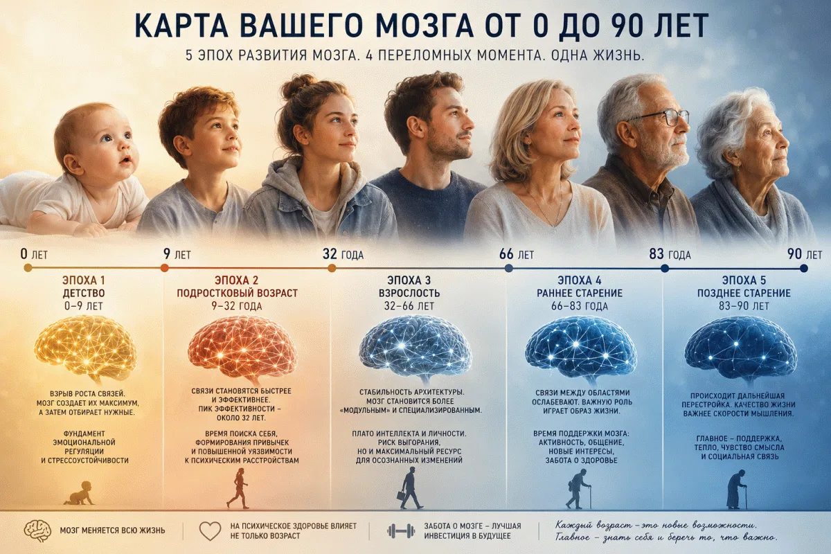 Инфографика «Карта вашего мозга от 0 до 90 лет»: пять эпох развития с портретами людей разного возраста и схемами мозга