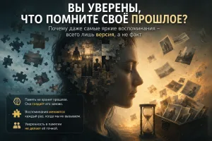 Женский профиль рассыпается на пазлы, рядом песочные часы и летящие фото: надпись, что память создаёт прошлое заново