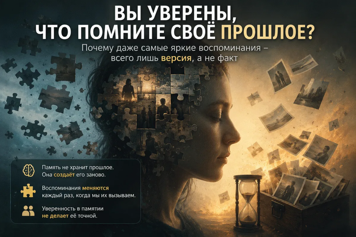 Женский профиль рассыпается на пазлы, рядом песочные часы и летящие фото: надпись, что память создаёт прошлое заново