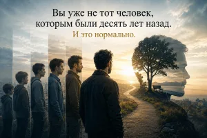 Мужчина в разном возрасте идёт по тропе к закату, рядом силуэт головы с деревом: надпись, что вы уже не тот человек