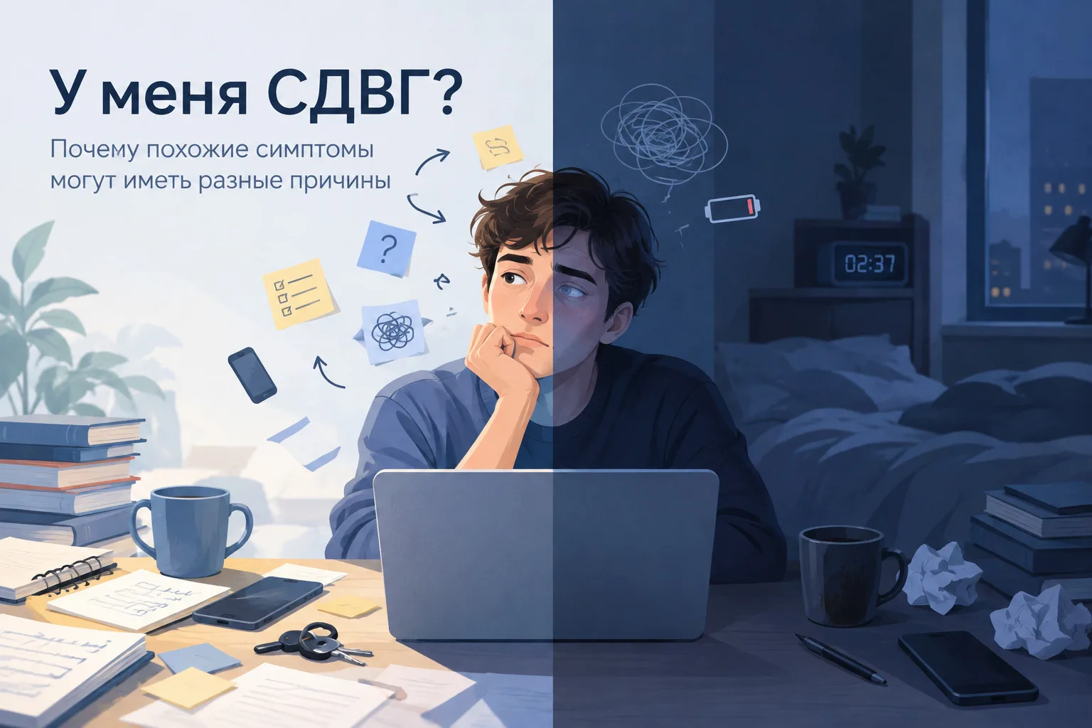 Парень за ноутбуком: слева день, справа ночь — как похожие симптомы могут иметь разные причины